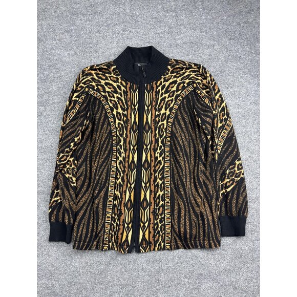 Bob Mackie Wearable Art Sweater Womens Large Black Brown Full Zip Animal Print - Picture 1 of 6